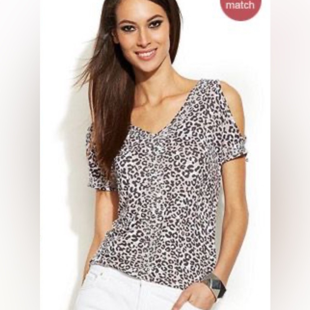 INC International Concepts Black, Pink & Leopard Print Cold Shoulder Top